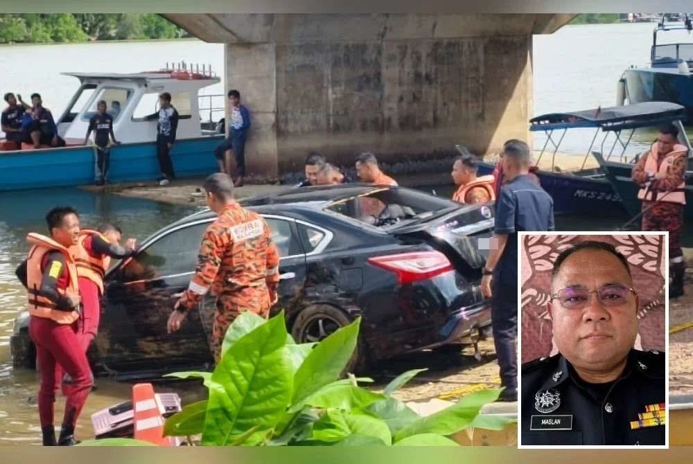 Dua kanak-kanak maut selepas kereta yang dinaiki bersama ibu mereka menggelongsor masuk ke dalam sungai berhampiran Jambatan Tanjung Agas, Teluk Kemang pada Khamis. Foto ihsan pembaca. (Gambar kecil: Maslan)