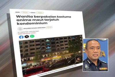 Laporan Sinar Harian berhubung wanita berpakaian kostume anime maut terjatuh kondominium. Gambar kecil: Sazalee