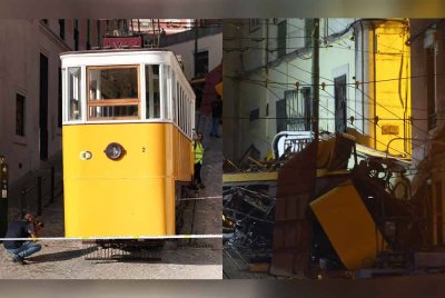 Gambar kiri:Seorang anggota polis merakam gambar ketika siasatan dijalankan berhampiran bangkai kereta api funikular bersejarah Elevador da Gloria (belakang) sehari selepas nahas yang meragut nyawa.-AFP.Keadaan kereta api funikular ikonik Elevador da Gloria yang musnah selepas tergelincir dan merempuh bangunan berhampiran di Lisbon, Portugal pada 3 September 2025.-AFP