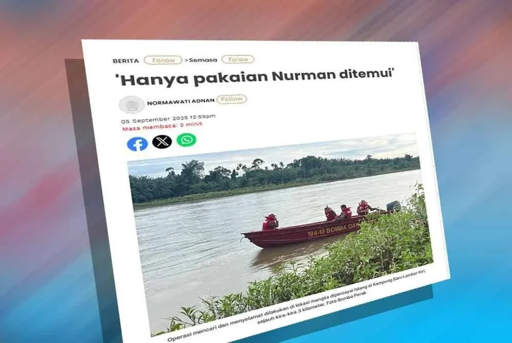 Laporan Sinar Harian berhubung seorang lelaki dikhuatiri lemas selepas dilaporkan hilang ketika mandi di Sungai Baru Labu, Bota Kiri dekat sini sejak Rabu lalu.