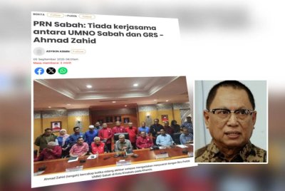 Laporan Sinar Harian pada Jumaat mengenai kenyataan Ahmad Zahid bahawa BN tidak akan bekerjasama dengan GRS pada PRN Sabah akan datang. Foto kecil: Mohd Puad