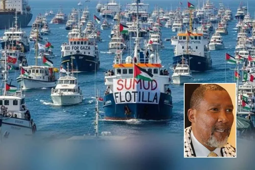 Tangkap layar dari laman sesawang RNTV, pada Khamis menunjukkan gambar kapal yang sedang menuju Gaza menggunakan teknologi AI bagi mengambarkan semangat membantu Gaza. Gambar kecil: Mandla Mandela