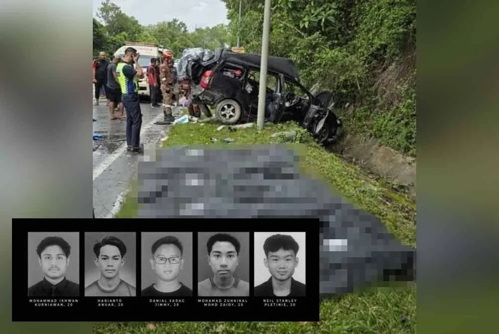 Lima penuntut IKM Kota Kinabalu maut selepas Toyota Wish dinaiki mereka dipandu laju, hilang kawalan dan bertembung lori di Jalan Gayang-Tuaran.