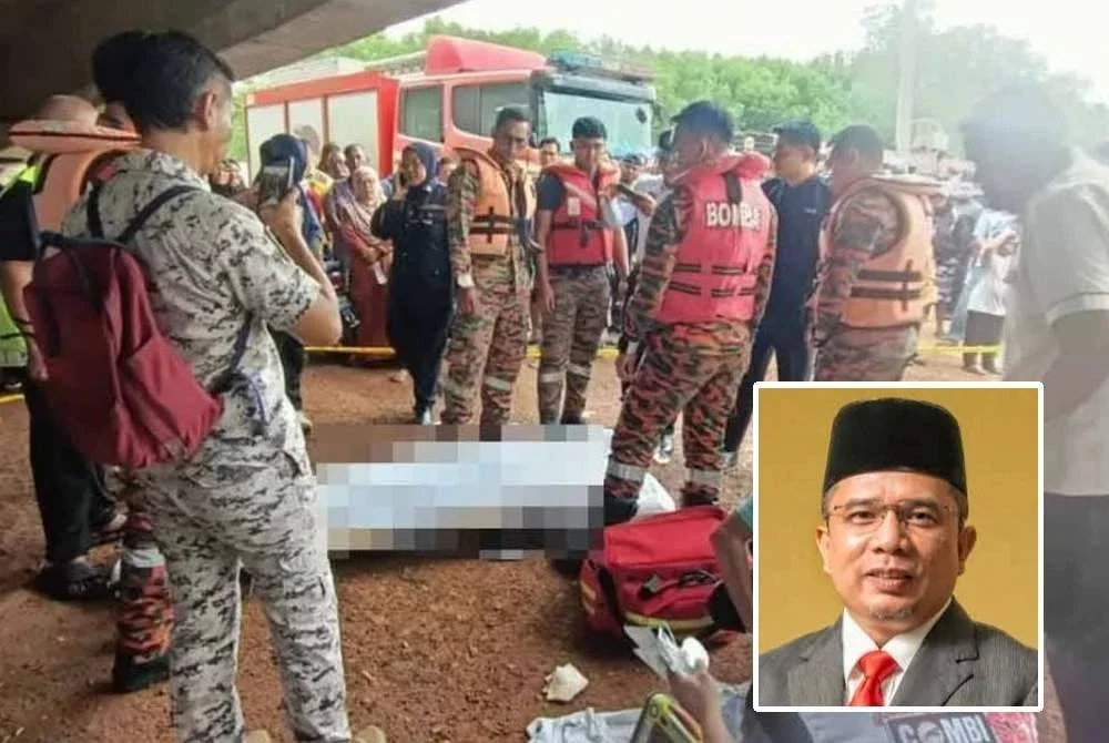 Dua beradik maut selepas kereta yang dinaiki bersama ibu bapa mereka terjatuh ke dalam sungai berhampiran Jambatan Tanjung Agas Teluk Kemang di sini pada Khamis. Foto kecil: Mohd Asri