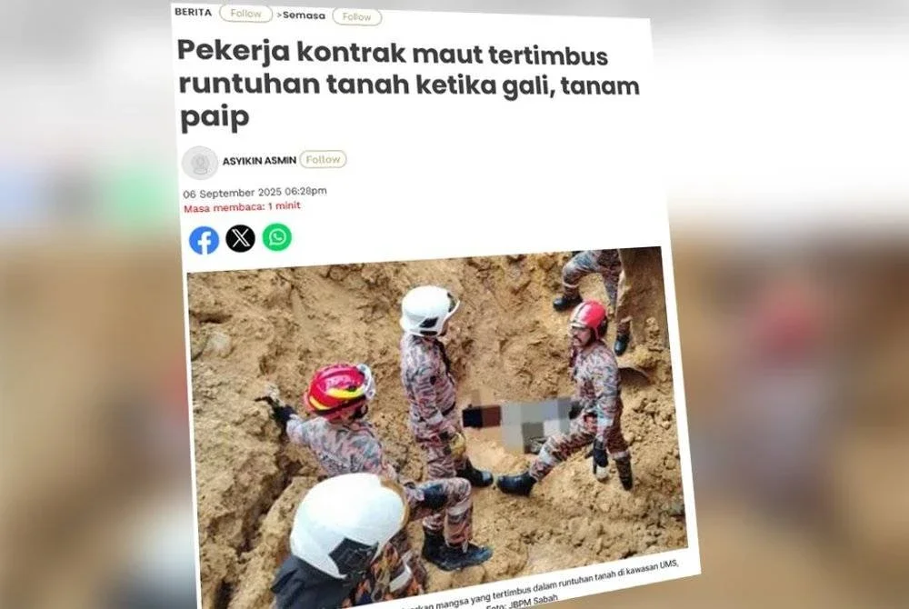 Laporan Sinar Harian mengenai seorang pekerja maut tertimbus ketika kerja-kerja projek dijalankan oleh kontraktor di kawasan kampus pada tengah hari Sabtu.