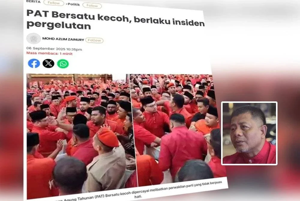 Laporan Sinar Harian mengenai kekecohan yang berlaku ketika Perhimpunan Agung Tahunan Bersatu 2025. Foto kecil: Shahrulnizam