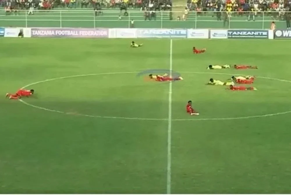 Pemain terpaksa meniarap di atas padang dan terpaksa berlindung bagi mengelakkan diri daripada sengatan lebah.