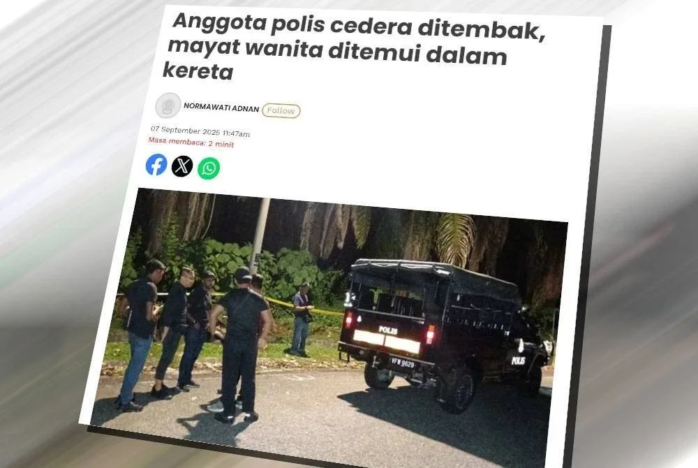 Laporan Sinar Harian mengenai seorang anggota polis cedera selepas ditembak dan ditikam oleh seorang suspek ketika cuba melakukan pemeriksaan ke atas sebuah kereta mencurigakan di Simpang Pulai pada Ahad.