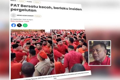 Laporan Sinar Harian mengenai kekecohan yang berlaku ketika Perhimpunan Agung Tahunan Bersatu 2025. Foto kecil: Shahrulnizam