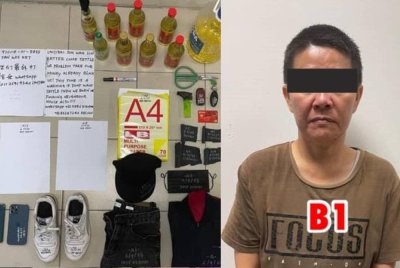 Seorang wanita ditahan kerana melakukan khianat dengan api di Kluang. Turut dirampas beberapa barangan berkaitan kejadian. Foto IPD Kluang