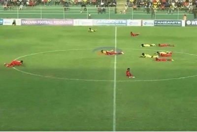 Pemain terpaksa meniarap di atas padang dan terpaksa berlindung bagi mengelakkan diri daripada sengatan lebah.