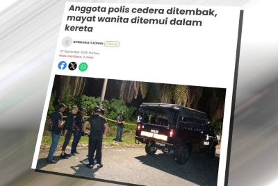 Laporan Sinar Harian mengenai seorang anggota polis cedera selepas ditembak dan ditikam oleh seorang suspek ketika cuba melakukan pemeriksaan ke atas sebuah kereta mencurigakan di Simpang Pulai pada Ahad.