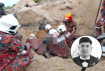 Raja Daniel Iskandar (gambar kecil) maut akibat tertimbus dalam timbunan tanah dan batu dalam kejadian di Kampung Teluk Kepayang, Bota Kiri di sini pada Ahad.