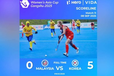 Skuad hoki wanita kebangsaan tewas 0-5 kepada Korea Selatan pada aksi terakhir Kumpulan A. Foto Asian Hockey Federation