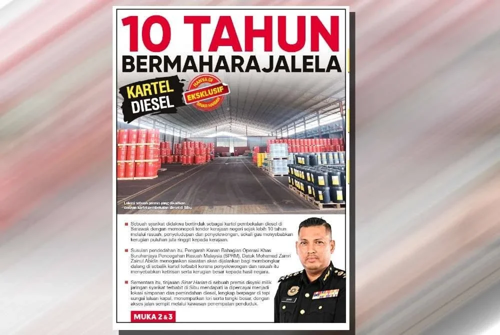 Laporan muka depan Sinar Harian berhubung kartel pembekalan diesel di Sarawak.