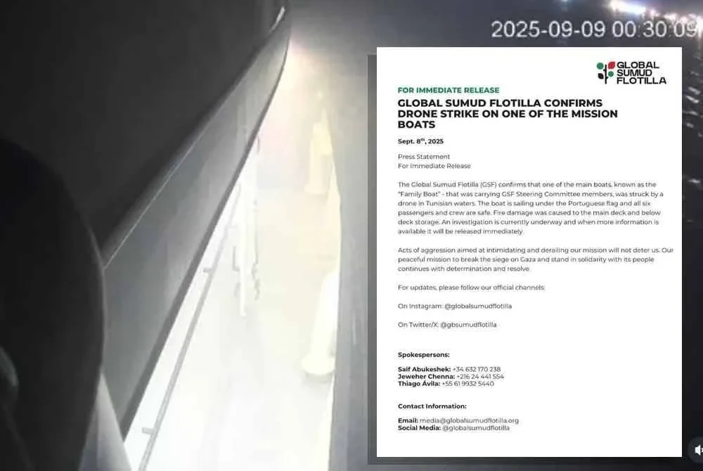 Tangkap layar video ketika Family Boat terbakar selepas serangan dron yang dikongsikan GSF di Instagram rasmi mereka.