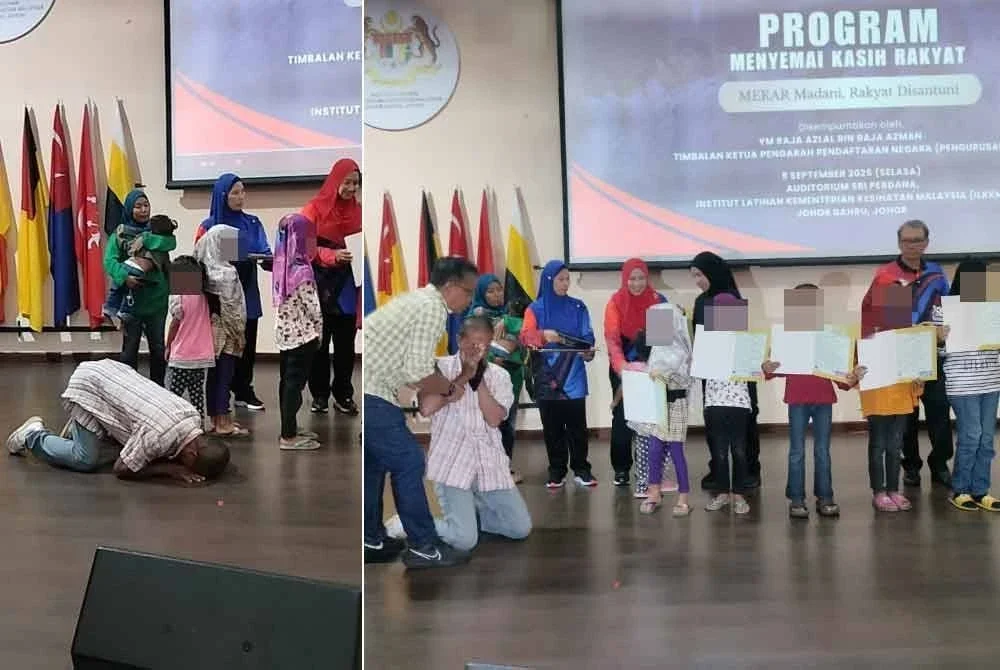 Zainal Abidin sujud syukur di atas pentas selepas lapan anaknya menerima sijil kelahiran hasil bantuan JPN.