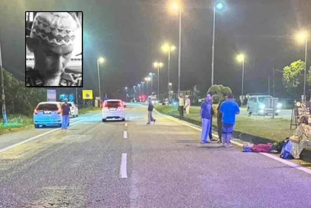 Anggota polis melakukan siasatan di lokasi kemalangan maut membabitkan seorang warga emas di Kilometer 29 Jalan Kuala Terengganu-Kuala Berang. FOTO: Polis. Gambar kecil: Samaruzaman