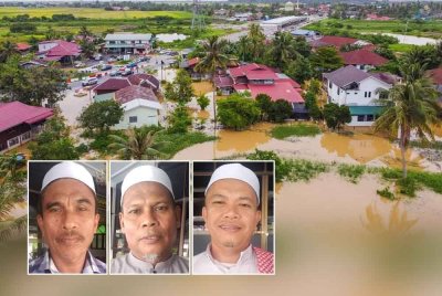Keadaan banjir yang menghantui penduduk Sungai Baru sejak bertahun lamanya. Gambar kecil dari kiri: Mohamad Fauzi, Salim, Iswardi
