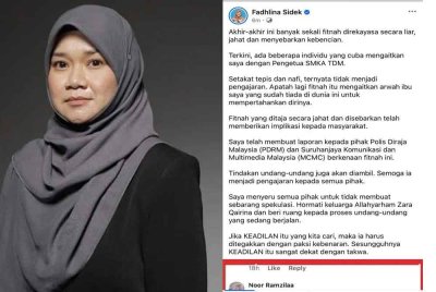 Hantaran Facebook Fadhlina pada Selasa.