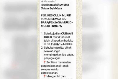Gara-gara menegur rakan kepada anaknya yang berebut pemadam, seorang wanita dituduh cuba menculik murid Tahun Tiga di sebuah sekolah rendah di Ayer Keroh sejak Isnin lalu.