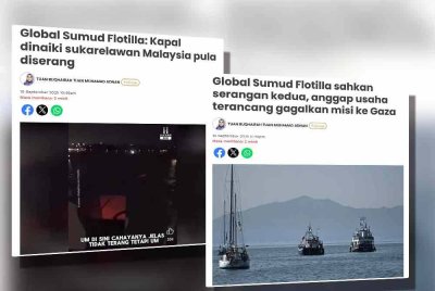 Laporan Sinar Harian mengenai serangan dron terhadap sebuah kapal utama Global Sumud Flotilla (GSF) di Tunisia.