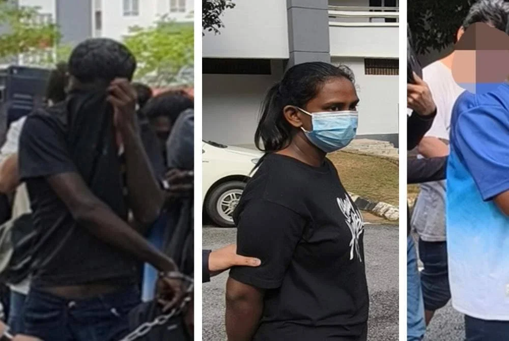 Dari kanan; Muhammad Redzuan, Pretty dan Thanthiran dibawa polis ke Mahkamah Sesyen Seremban pada Khamis.