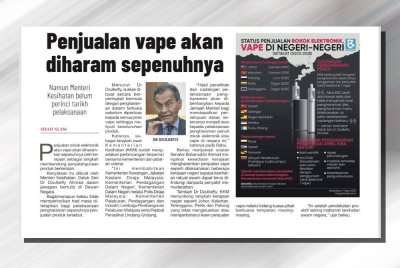 Penjualan rokok elektronik atau vape akan diharamkan sepenuhnya oleh kerajaan sebagai langkah membendung penyalahgunaan produk berkenaan.