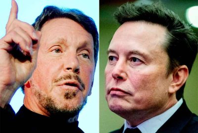 Larry Ellison (kiri) dan Elon Musk. Foto AFP