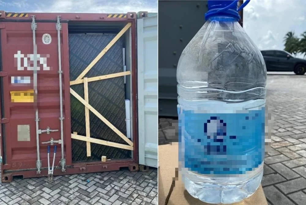 Tiga kontena membawa dagangan air zamzam tanpa permit import disita pada 14 Ogos di Bay Pemeriksaan Kontena, Zon Bebas Pelabuhan Johor. Foto JKDM Johor.