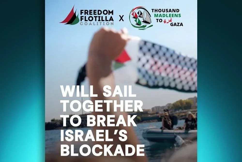 Inisiatif Global Sumud Flotilla bertujuan mencabar sekatan Israel dan menyampaikan bantuan kemanusiaan ke Gaza. Foto Facebook Freedom Flotilla Coalition