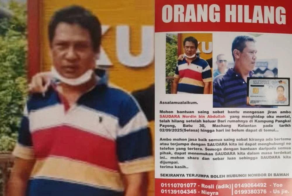 Nordin dilaporkan hilang selepas keluar dari rumahnya di Kampung Pangkal Payong, Batu 30, hampir dua minggu lalu.