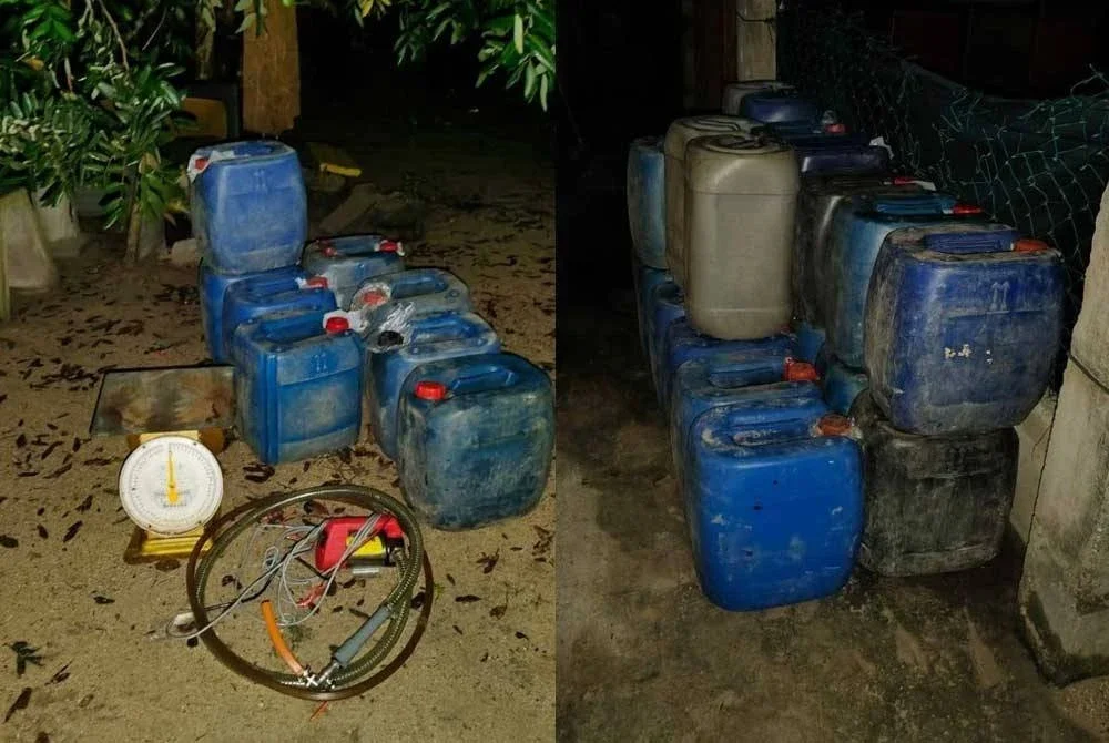 Tong-tong berisi bahan api yang ditemukan pihak berkuasa pada rondaan Op Taring Wawasan Kelantan. Foto ihsan PGA.