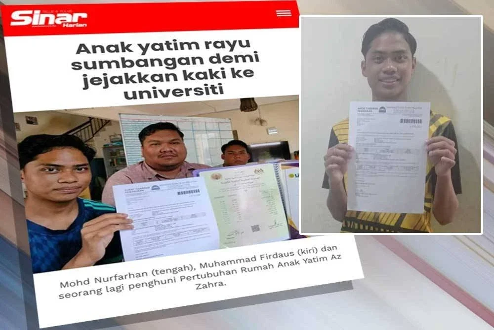 Laporan Sinar Harian pada Ahad mengenai anak yatim rayu sumbangan untuk menyambung pelajaran ke universiti. Foto kecil: Muhammad Firdaus dijadual mendaftar di USIM 24 September ini.