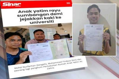 Laporan Sinar Harian pada Ahad mengenai anak yatim rayu sumbangan untuk menyambung pelajaran ke universiti. Foto kecil: Muhammad Firdaus dijadual mendaftar di USIM 24 September ini.