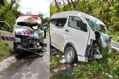 Ambulans bertembung dengan sebuah van menyebabkan seorang maut dan 11 lagi parah di Jalan Paris 2 Kinabatangan. Foto ihsan JBPM Sabah
