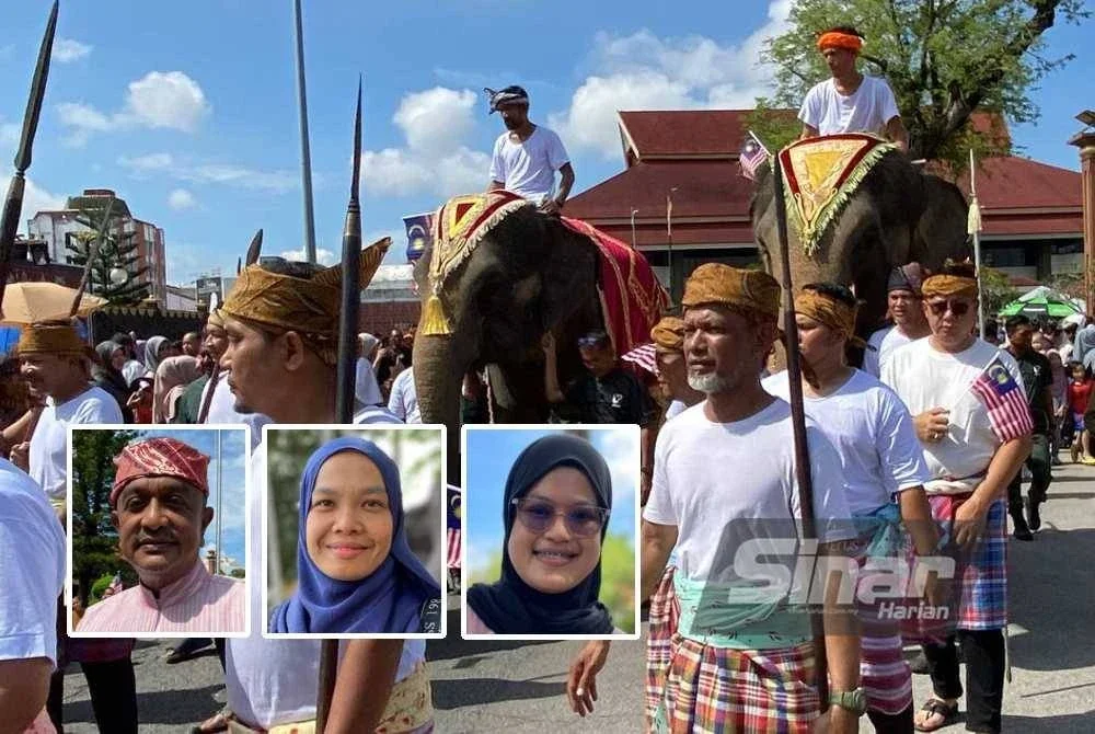 Sorakan orang ramai bergema apabila dua ekor gajah, Sanum dan Chery muncul dalam perarakan sempena Sambutan Hari Malaysia di Bandar Kota Bharu pada Selasa. Gambar kecil: Mohamad Safaruddin, Ainul Hakimah, Mazlini