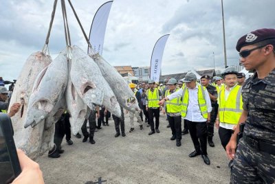 Ahmad Zahid (tiga dari kanan) meninjau pendaratan ikan tuna di Dermaga Dalam, Pelabuhan Pulau Pinang.