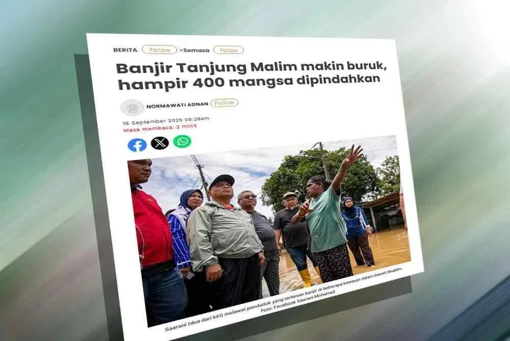 Laporan Sinar Harian berhubung banjir Tanjung Malim makin buruk, hampir 400 mangsa dipindahkan