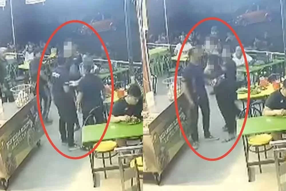 Tangkap layar rakaman video CCTV di sebuah restoran di Shah Alam memaparkan pergaduhan seorang lelaki yang berang ditegur merokok dengan pasangan suami isteri.