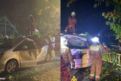 Sebuah kereta jenis Nissan Serena rosak selepas dihempap sebatang pokok tumbang.