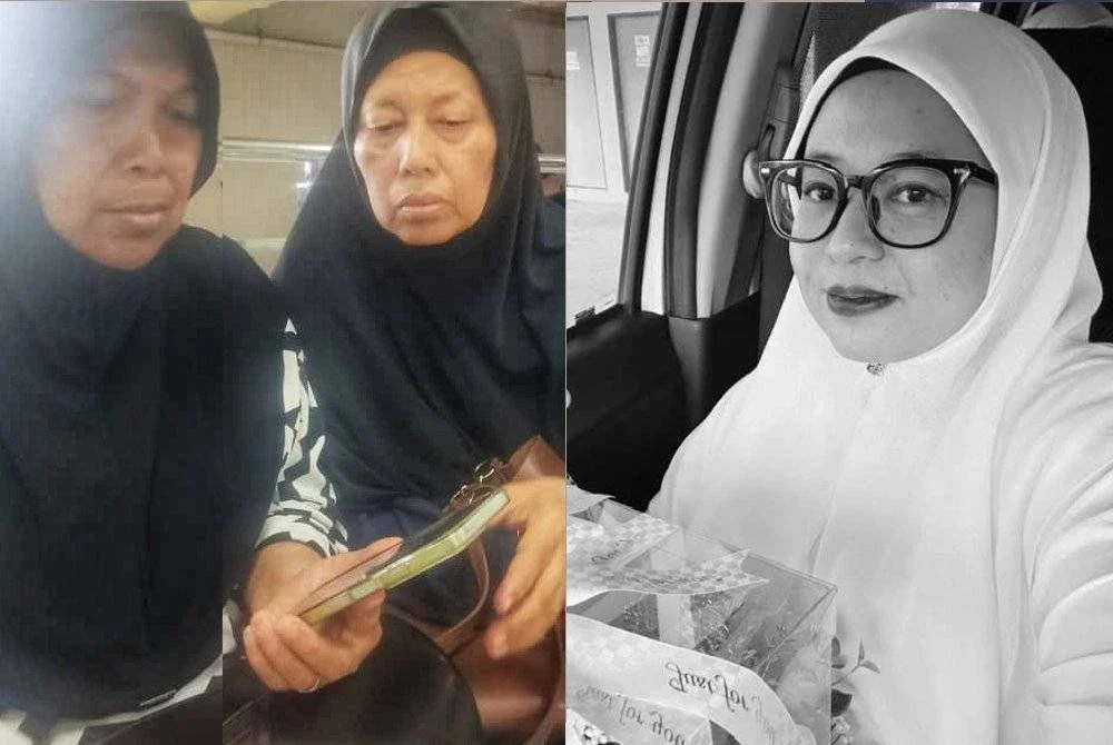 Jumirah (kanan) bersama birasnya, Siti Munipah,65, ketika melihat gambar Allahyarham Herini di telefon bimbit. / Allahyarhamah Herini