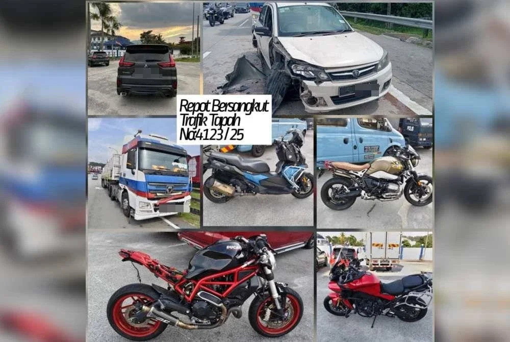 Empat motosikal berkuasa tinggi antara tujuh kenderaan terbabit dalam satu kemalangan di Kilometer 340.7 Lebuhraya Utara Selatan arah utara dekat Tapah pada Jumaat. Foto: IPD Tapah