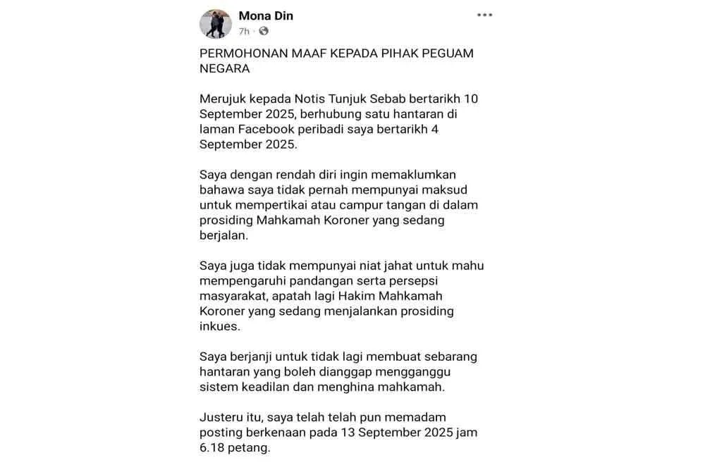 Permohonan maaf Mona yang dimuat naik di Facebooknya pada Jumaat.