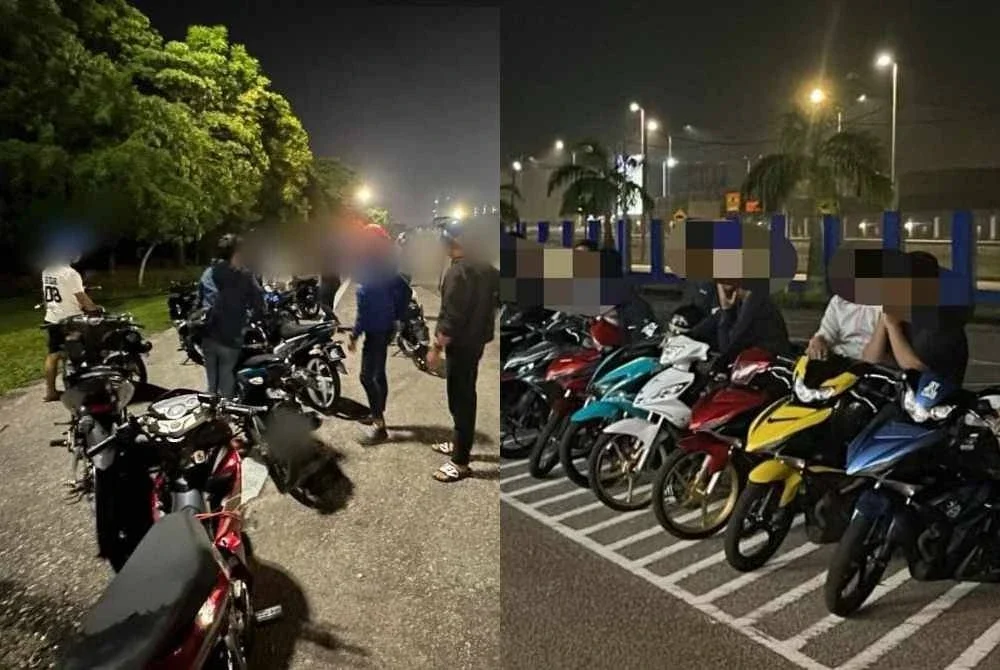 Sebahagian penunggang motosikal yang ditahan polis dalam operasi samseng jalanan di KM 6.2 Lebuhraya Link Kedua awal pagi Sabtu - Foto: IPD Iskandar Puteri