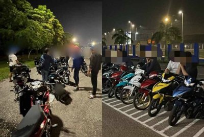 Sebahagian penunggang motosikal yang ditahan polis dalam operasi samseng jalanan di KM 6.2 Lebuhraya Link Kedua awal pagi Sabtu - Foto: IPD Iskandar Puteri