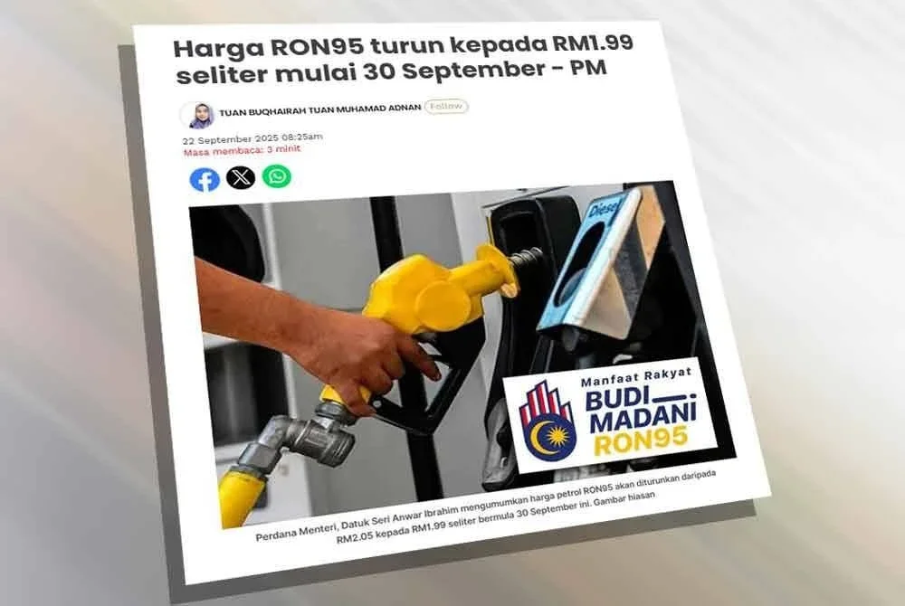 Laporan Sinar Harian pada Isnin mengenai harga RON95 turun kepada RM1.99 seliter mulai 30 September ini.