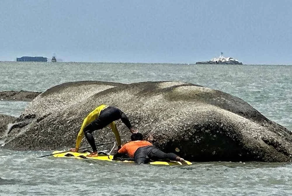 Dua anggota APM sedang melakukan kerja menangkap ular sawa itu.
