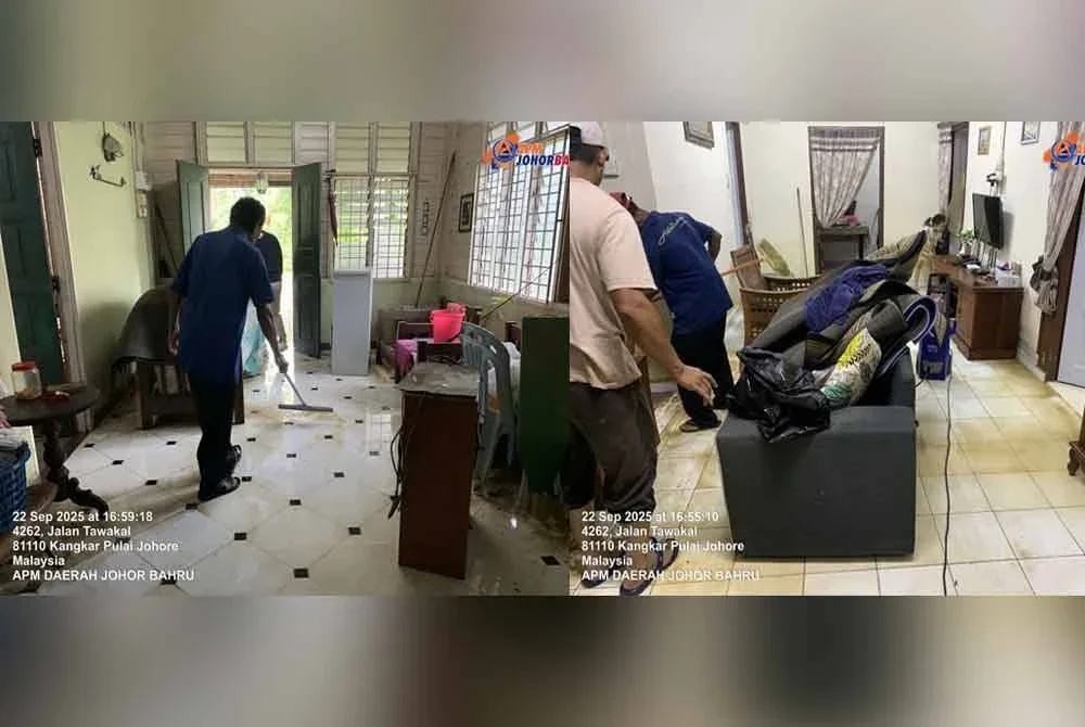 Penduduk mengemas rumah selepas banjir kilat surut di Kangkar Pulai. - Foto: APM