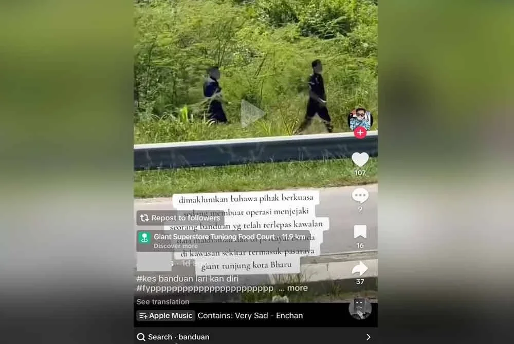 Tangkap layar video tular di laman TikTok berhubung kejadian OKT melarikan diri.